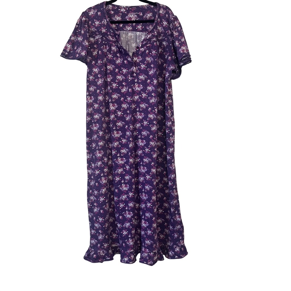 Dreams‎ Co Purple Floral Button Neck Short Sleeve Maxi Nightgown Sleepwear 1X